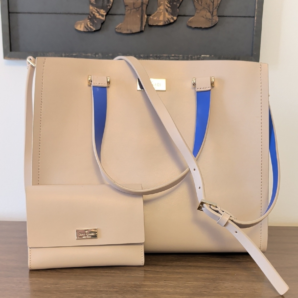 Kate Spade Beige and Blue Tote Bag with Wallet